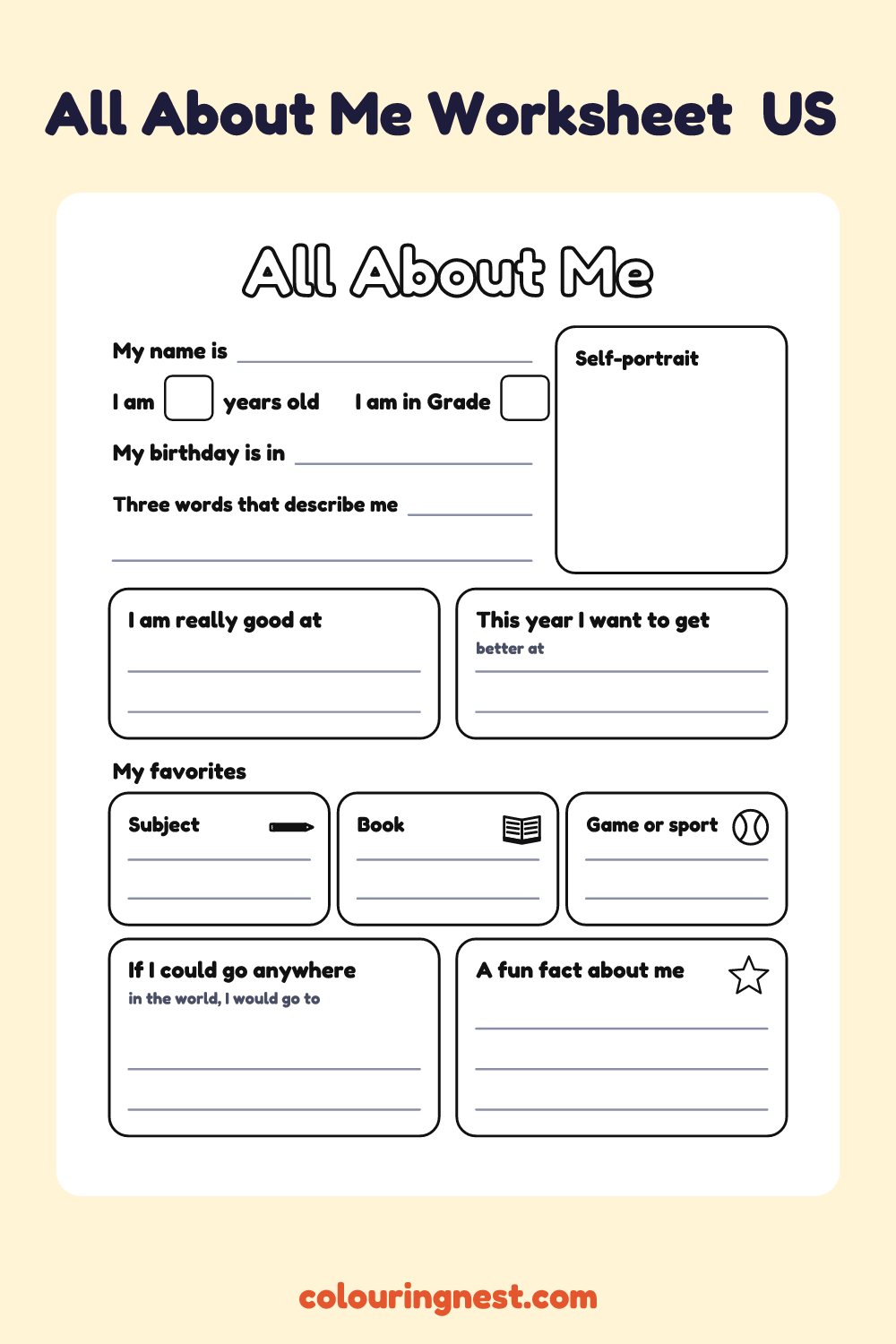 All About Me: Ages 8 to 11 (US): free printable worksheet from Colouring Nest
