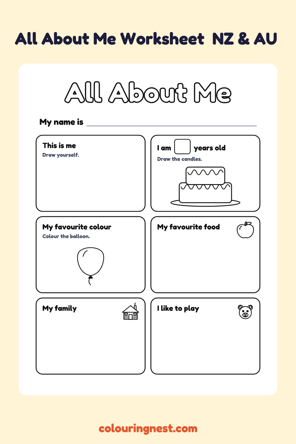 All About Me: Preschool (NZ & AU): free printable worksheet from Colouring Nest