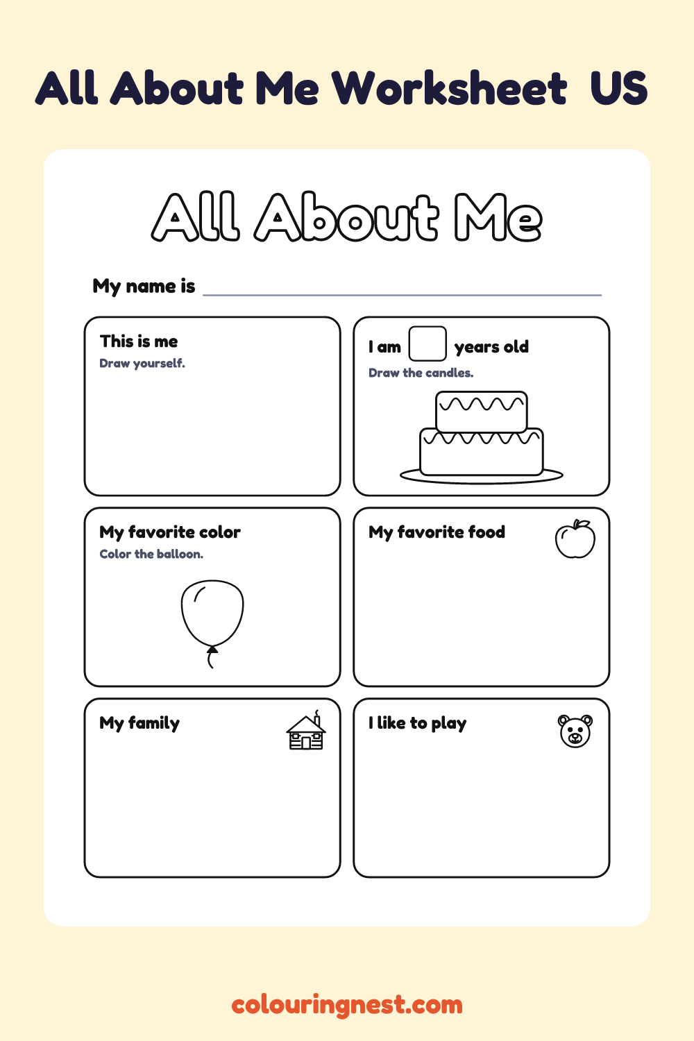All About Me: Preschool (US): free printable worksheet from Colouring Nest