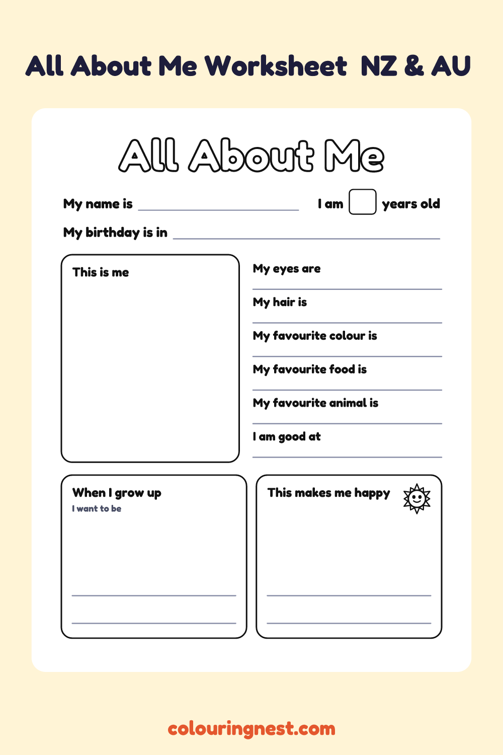All About Me: Ages 5 to 7 (NZ & AU): free printable worksheet from Colouring Nest