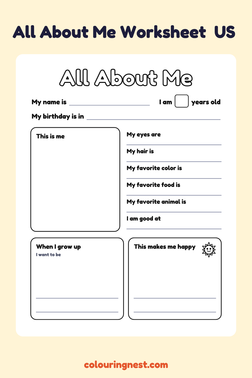 All About Me: Ages 5 to 7 (US): free printable worksheet from Colouring Nest