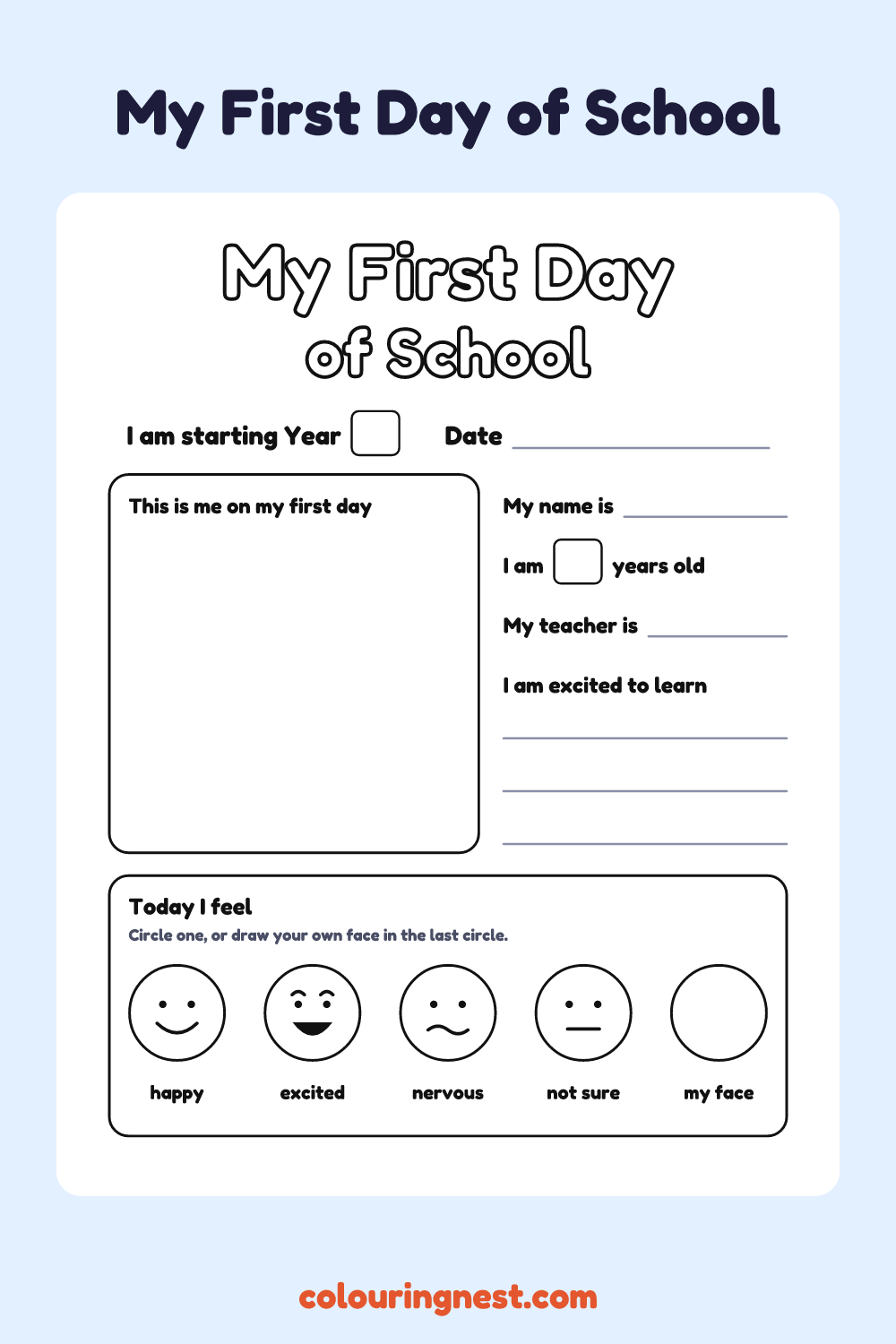First Day of School (NZ & AU): free printable worksheet from Colouring Nest