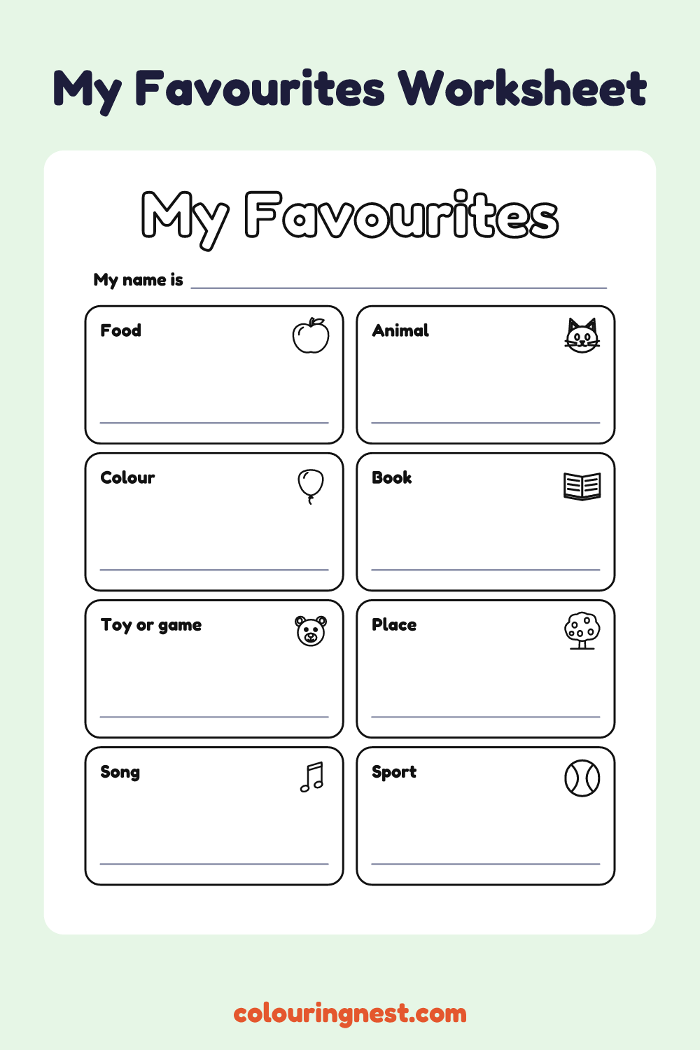 My Favourites Worksheet: free printable worksheet from Colouring Nest