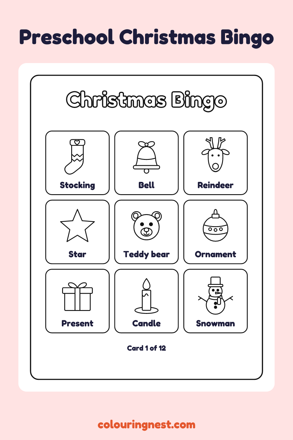 Christmas Bingo for Preschool (3×3): printable picture bingo card (3 by 3)