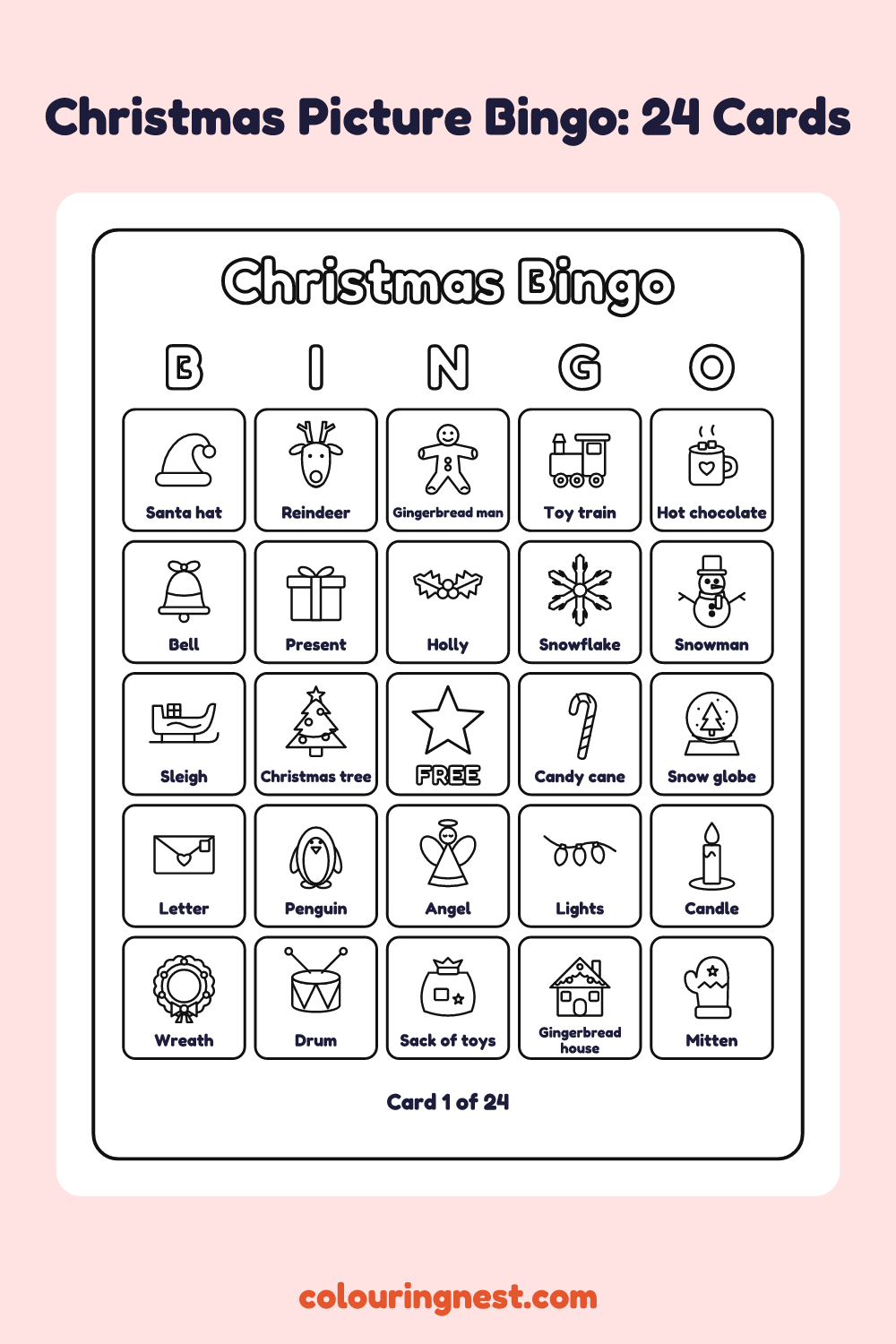 Christmas Picture Bingo (24 Cards): printable picture bingo card with a free square
