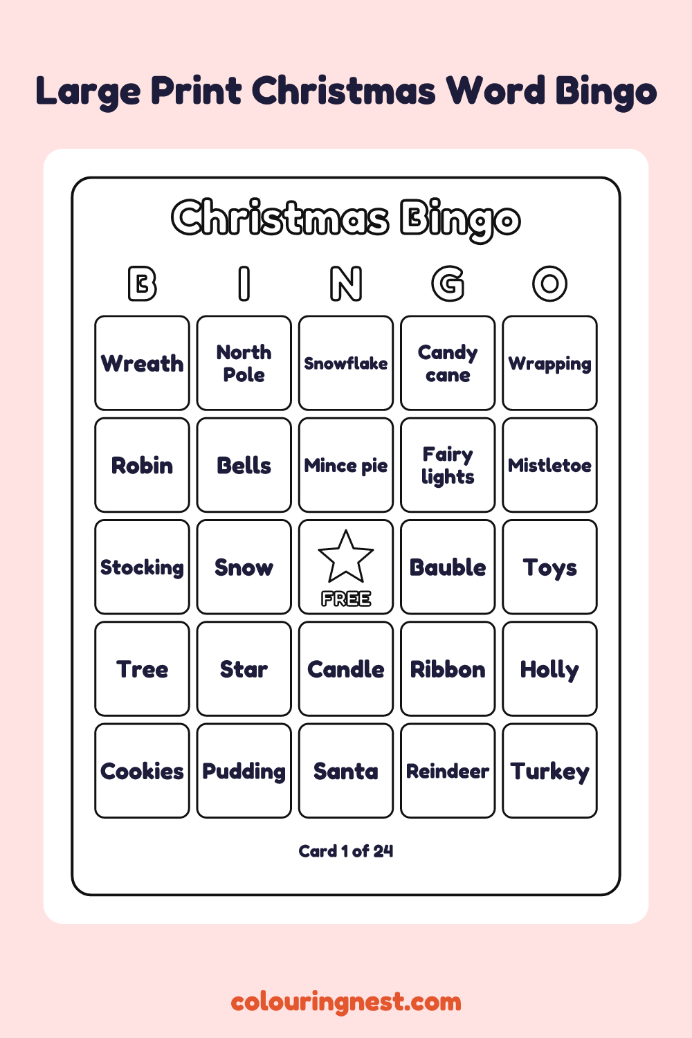 Christmas Word Bingo (Large Print): printable word bingo card with a free square