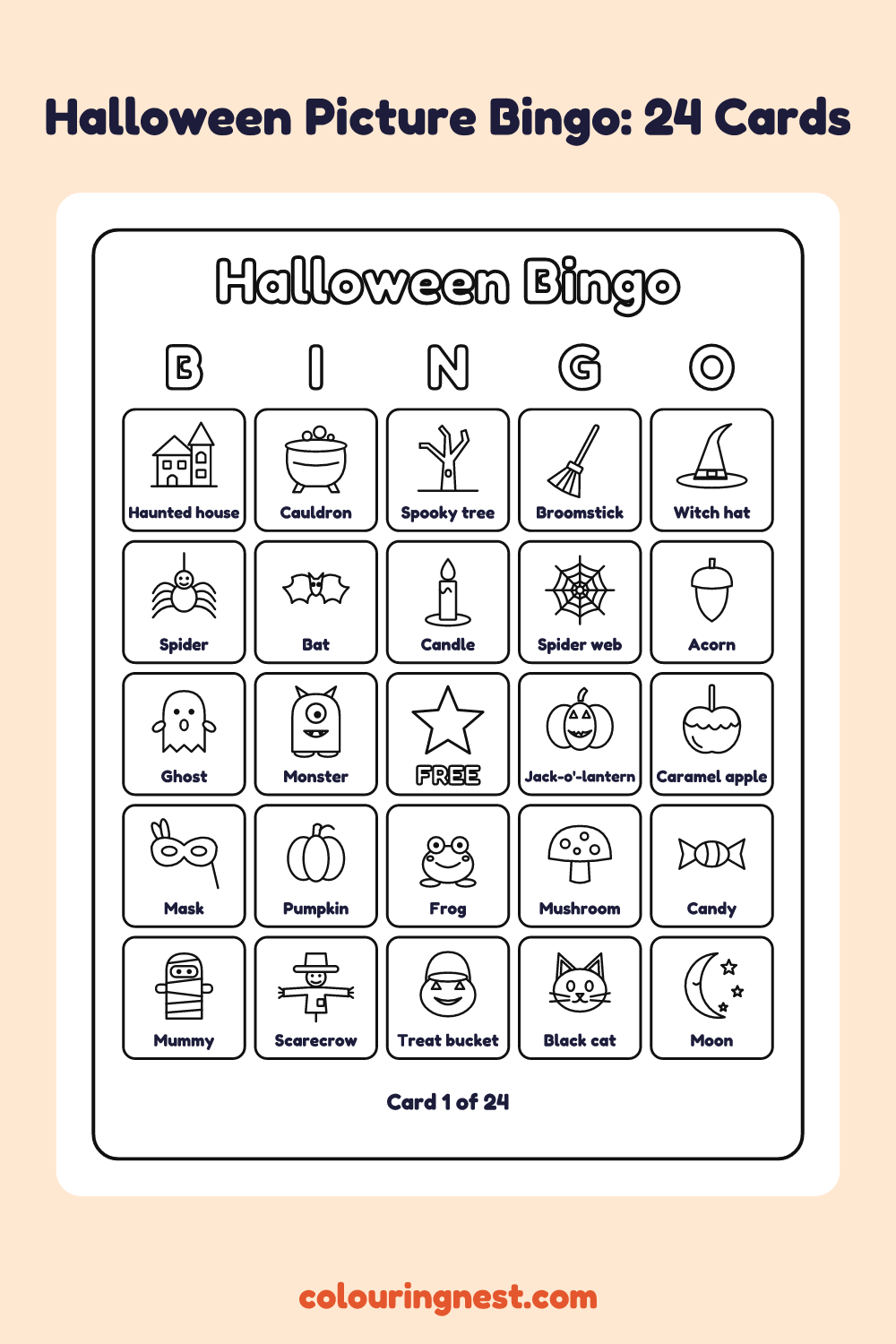 Halloween Picture Bingo (24 Cards): printable picture bingo card with a free square