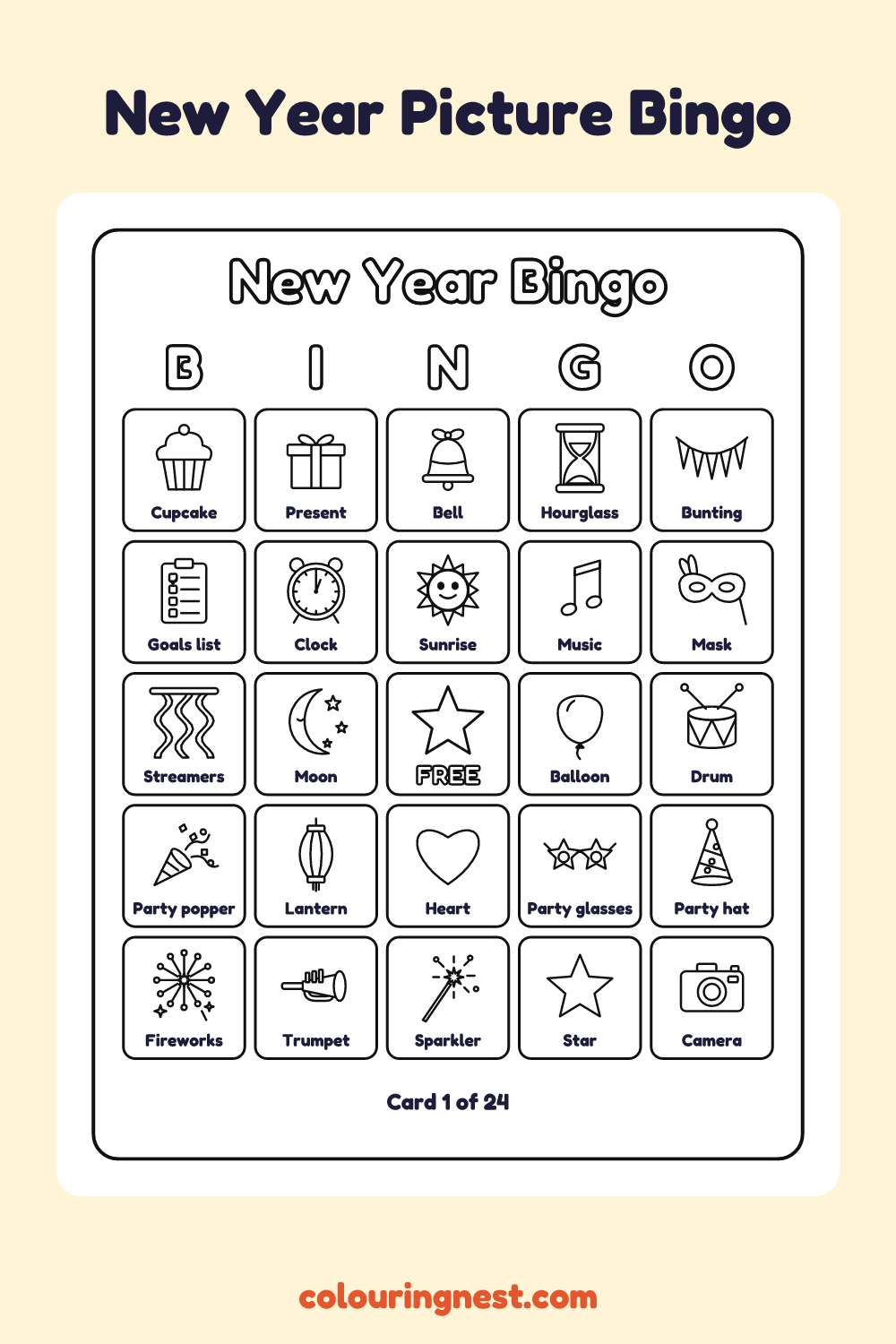 New Year's Eve Picture Bingo (24 Cards): printable picture bingo card with a free square