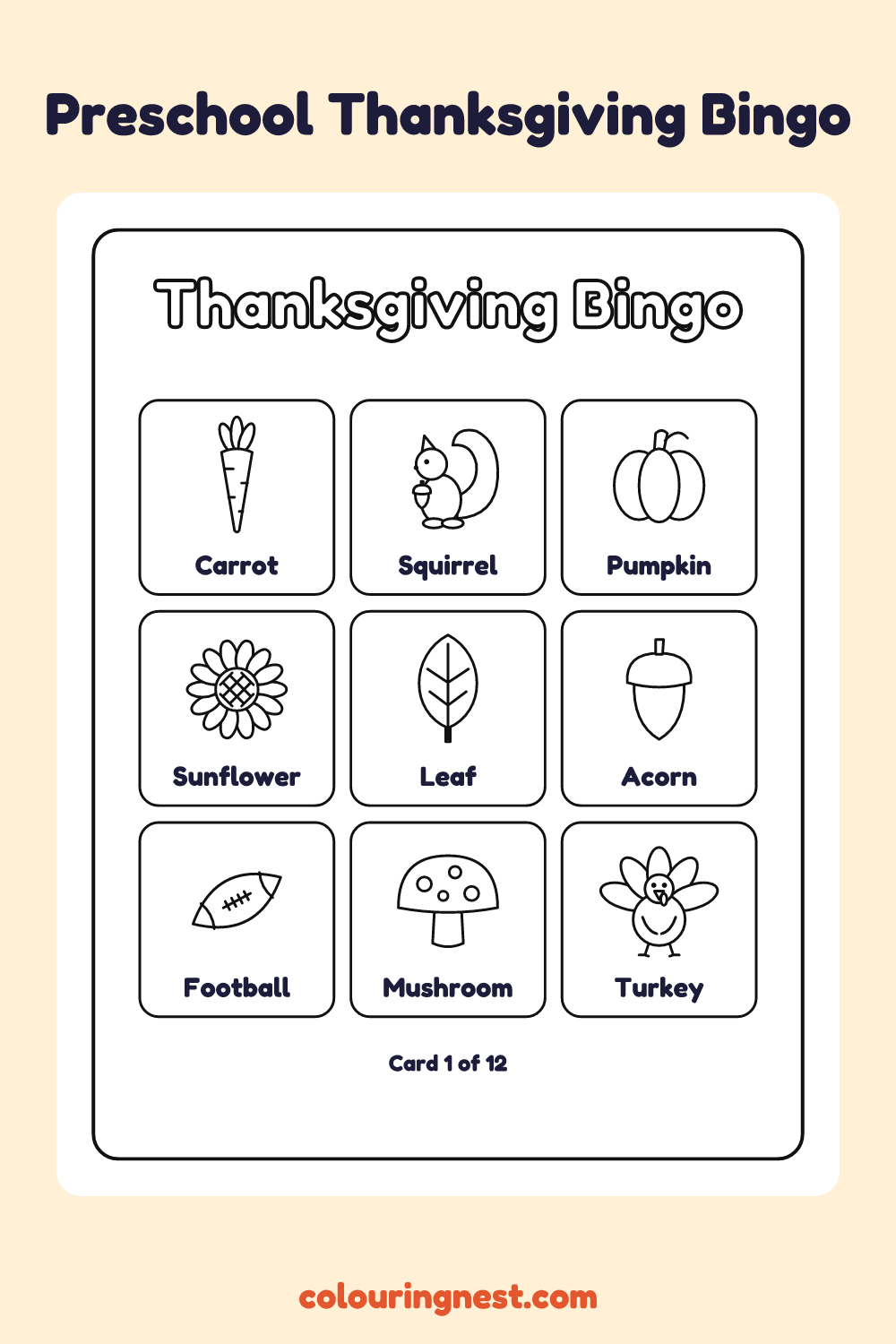 Thanksgiving Bingo for Preschool (3×3): printable picture bingo card (3 by 3)
