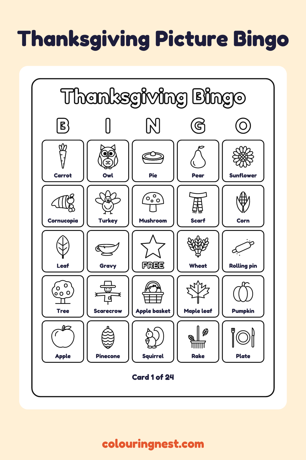 Thanksgiving Picture Bingo (24 Cards): printable picture bingo card with a free square