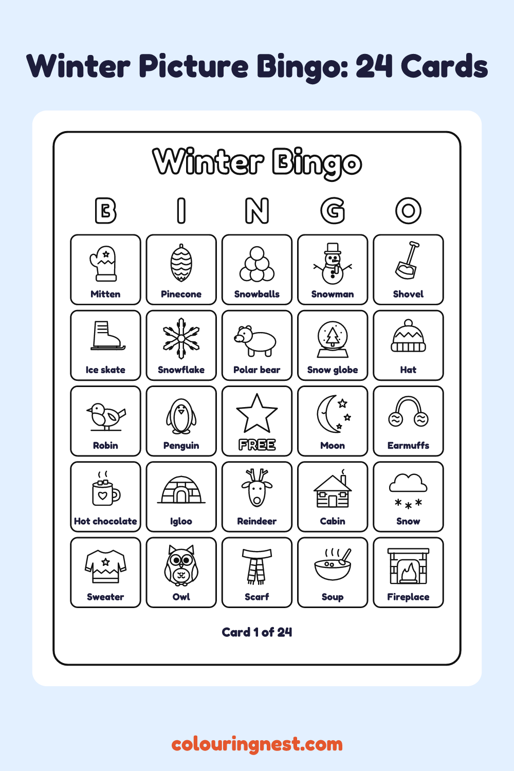 Winter Picture Bingo (24 Cards): printable picture bingo card with a free square