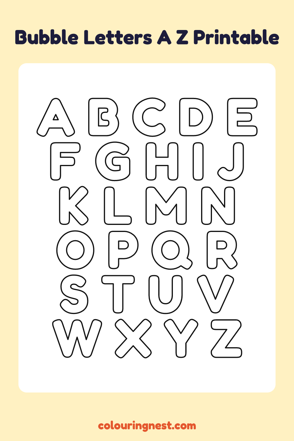 Bubble Letters Alphabet A–Z coloring page: free printable black-and-white line art