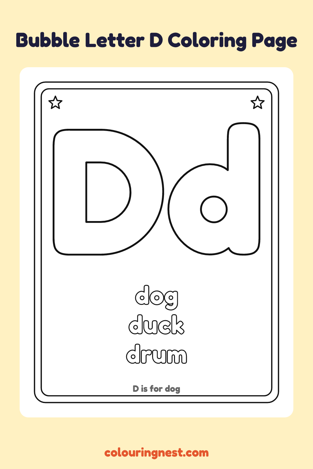Bubble Letter D coloring page: free printable black-and-white line art