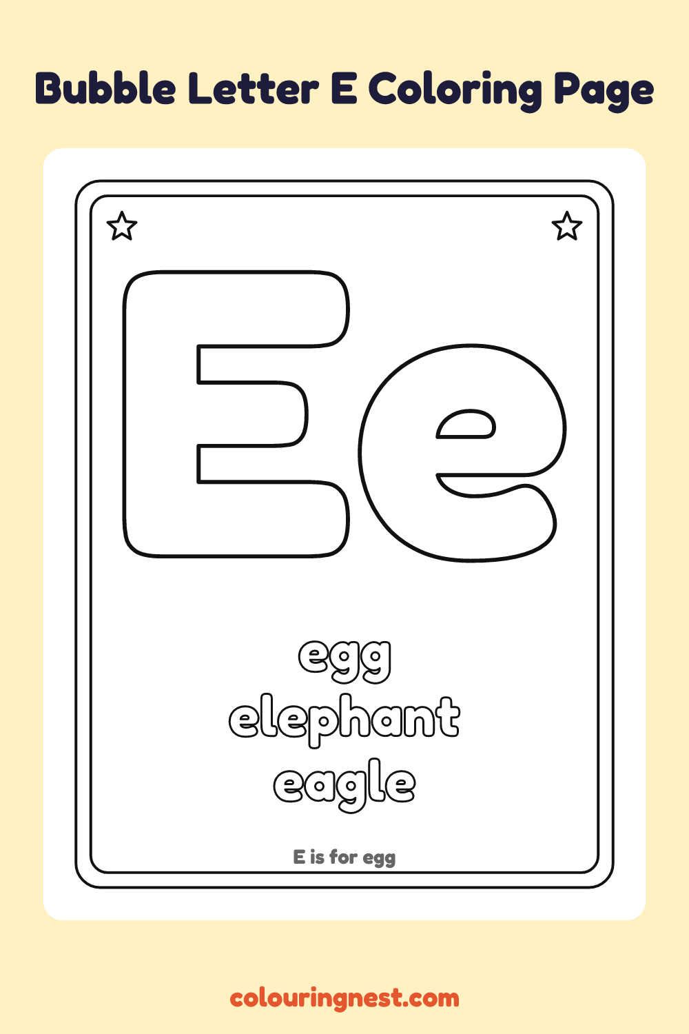 Bubble Letter E coloring page: free printable black-and-white line art