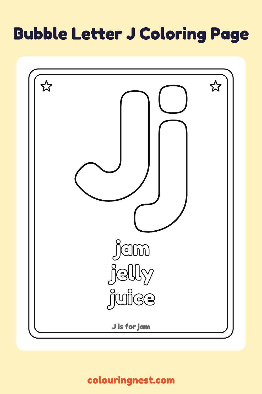 Bubble Letter J coloring page: free printable black-and-white line art