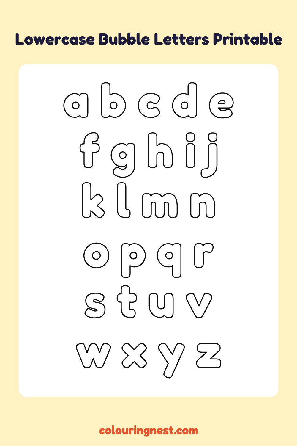 Lowercase Bubble Letters a–z coloring page: free printable black-and-white line art
