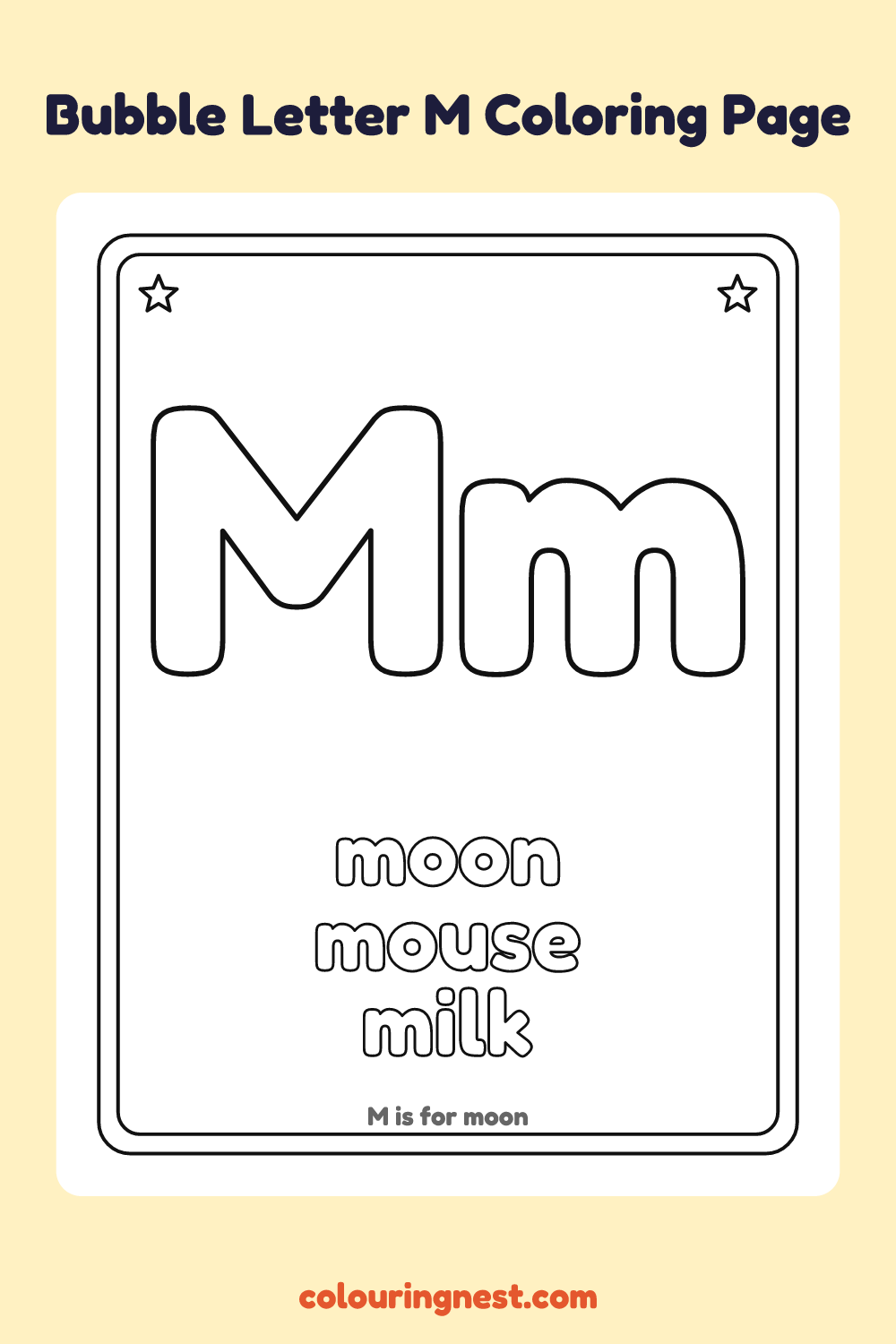 Bubble Letter M coloring page: free printable black-and-white line art