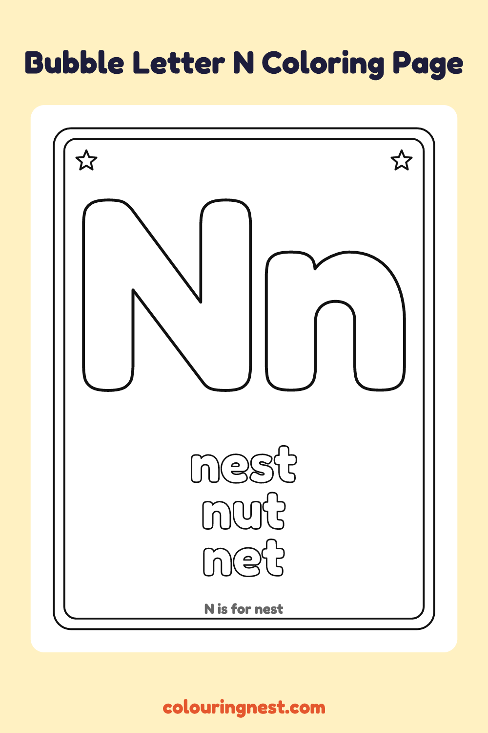 Bubble Letter N coloring page: free printable black-and-white line art