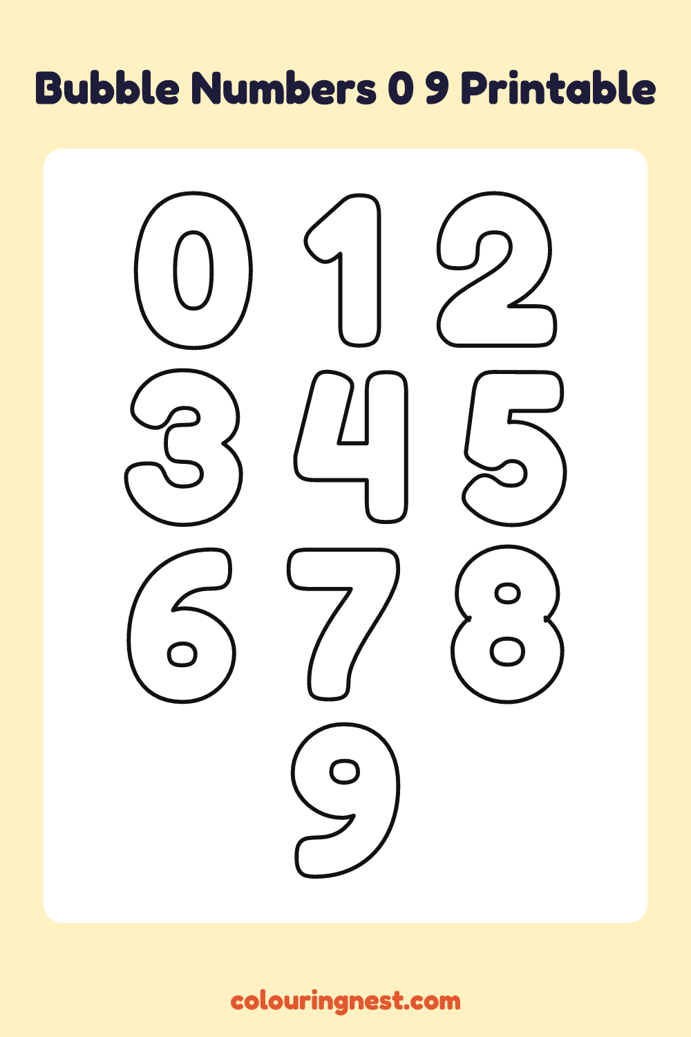 Bubble Numbers 0–9 coloring page: free printable black-and-white line art