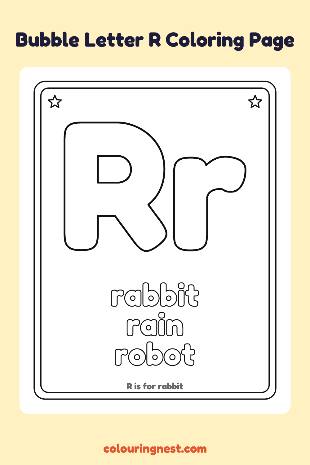 Bubble Letter R coloring page: free printable black-and-white line art