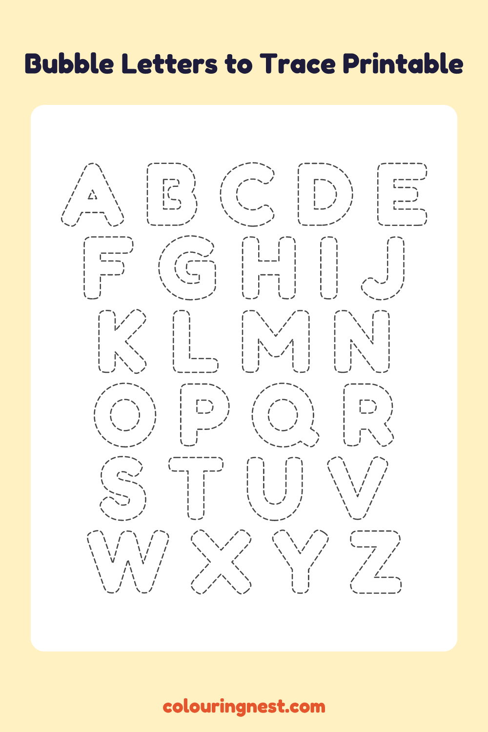Bubble Letters to Trace A–Z worksheet: free printable black-and-white line art