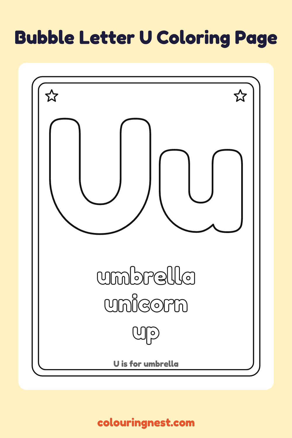Bubble Letter U coloring page: free printable black-and-white line art