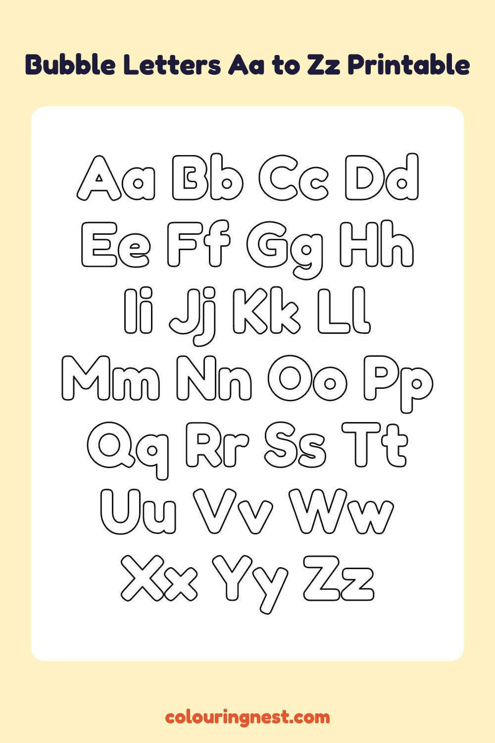 Uppercase and Lowercase Bubble Letters coloring page: free printable black-and-white line art
