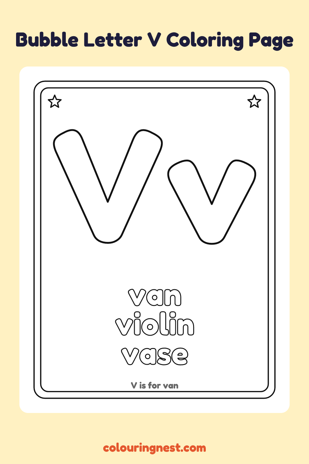 Bubble Letter V coloring page: free printable black-and-white line art