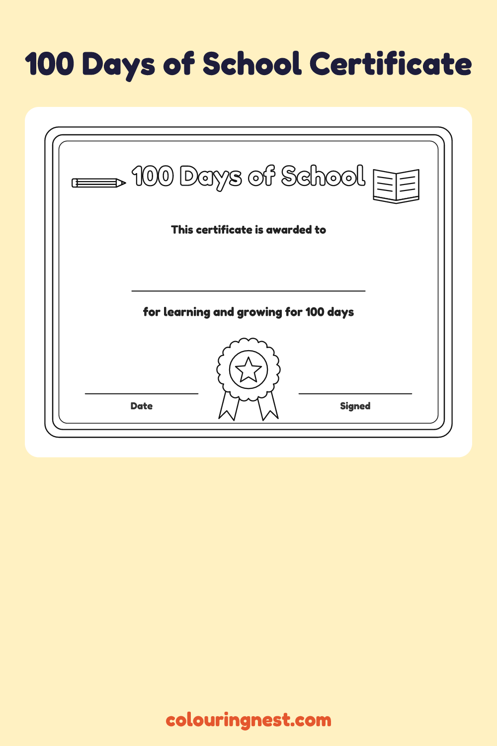 100 Days of School Certificate coloring page: free printable black-and-white line art
