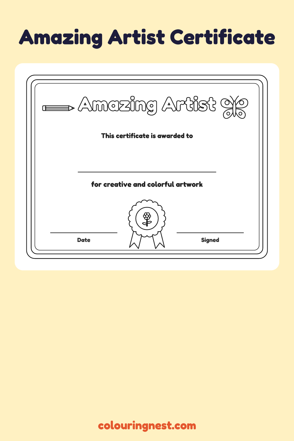 Amazing Artist Certificate coloring page: free printable black-and-white line art