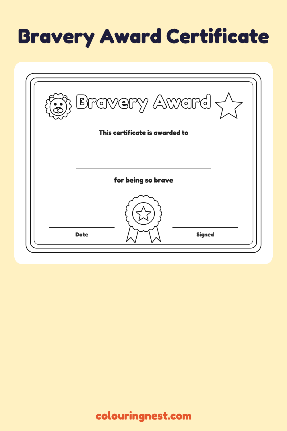 Bravery Award Certificate coloring page: free printable black-and-white line art