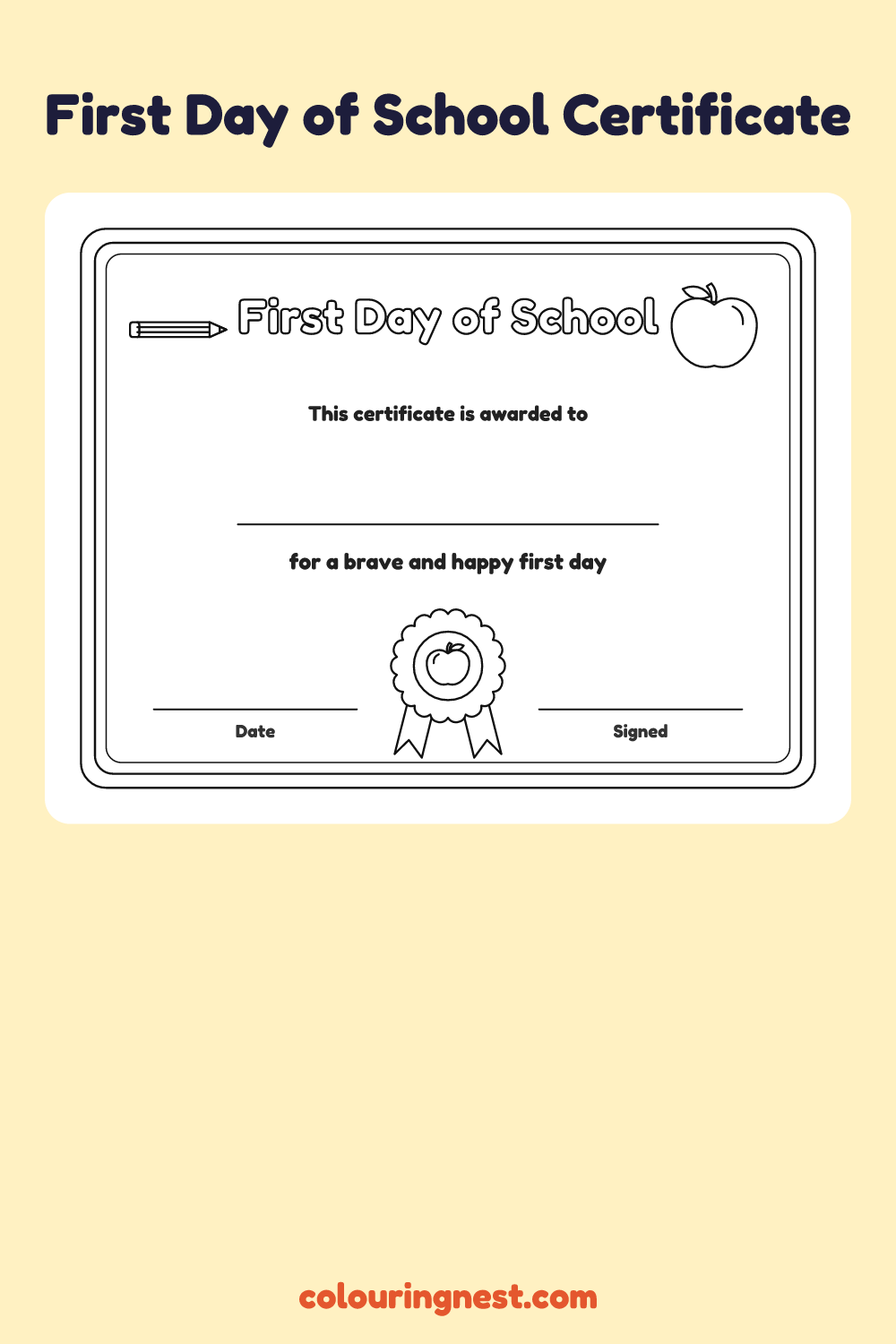 First Day of School Certificate coloring page: free printable black-and-white line art