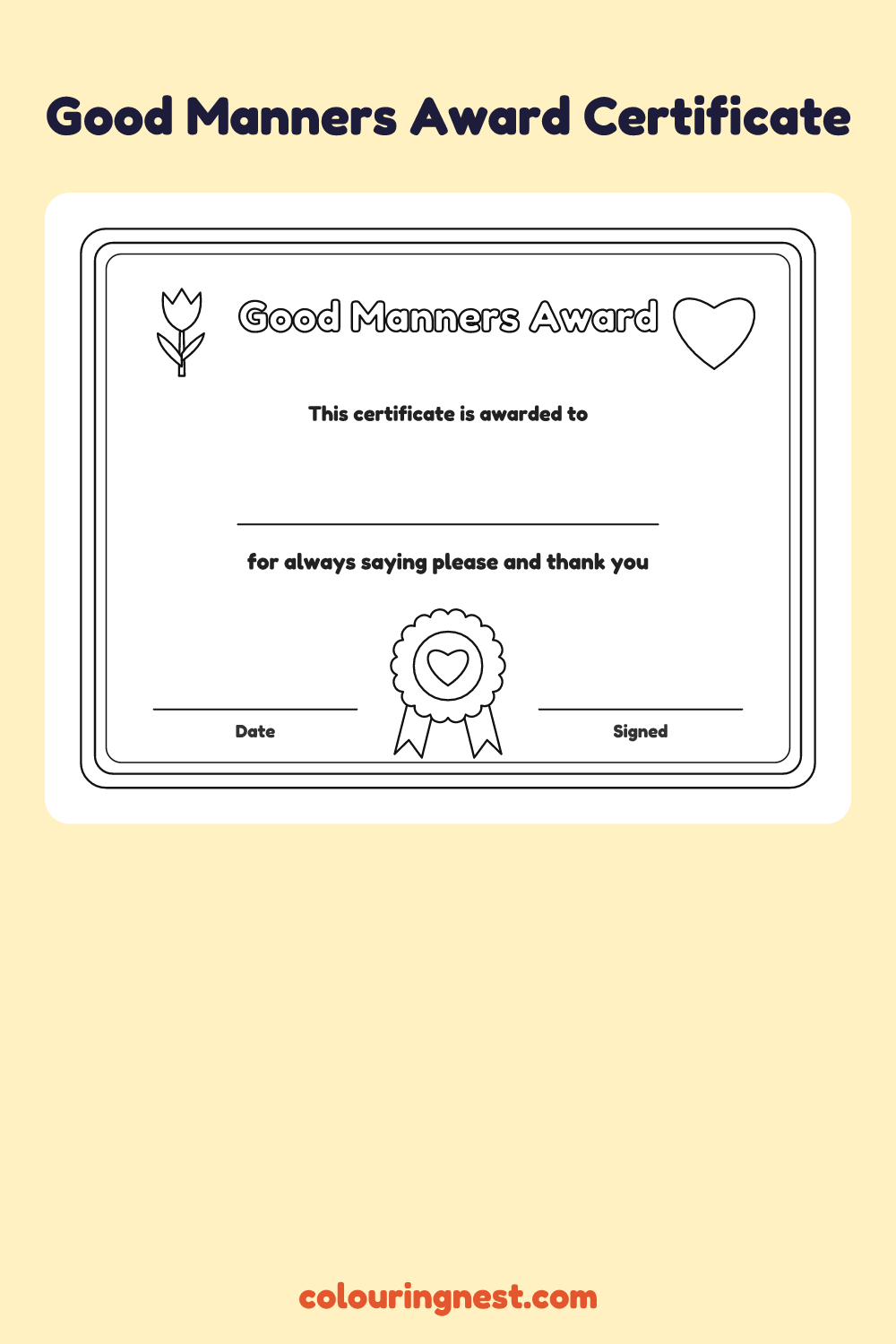 Good Manners Award Certificate coloring page: free printable black-and-white line art