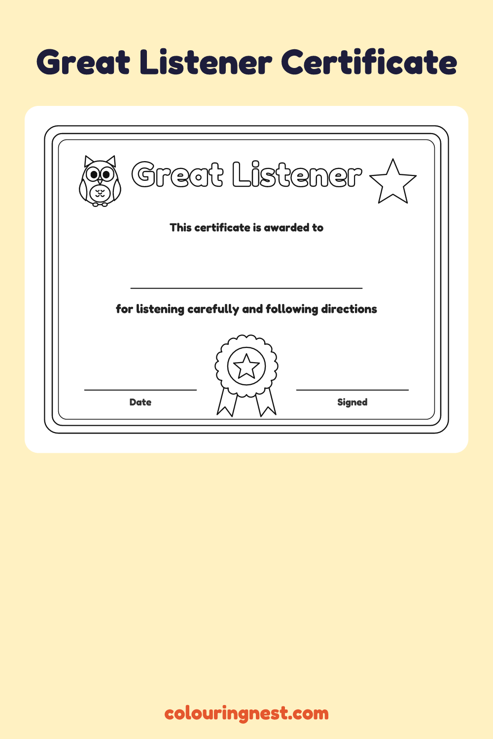 Great Listener Certificate coloring page: free printable black-and-white line art