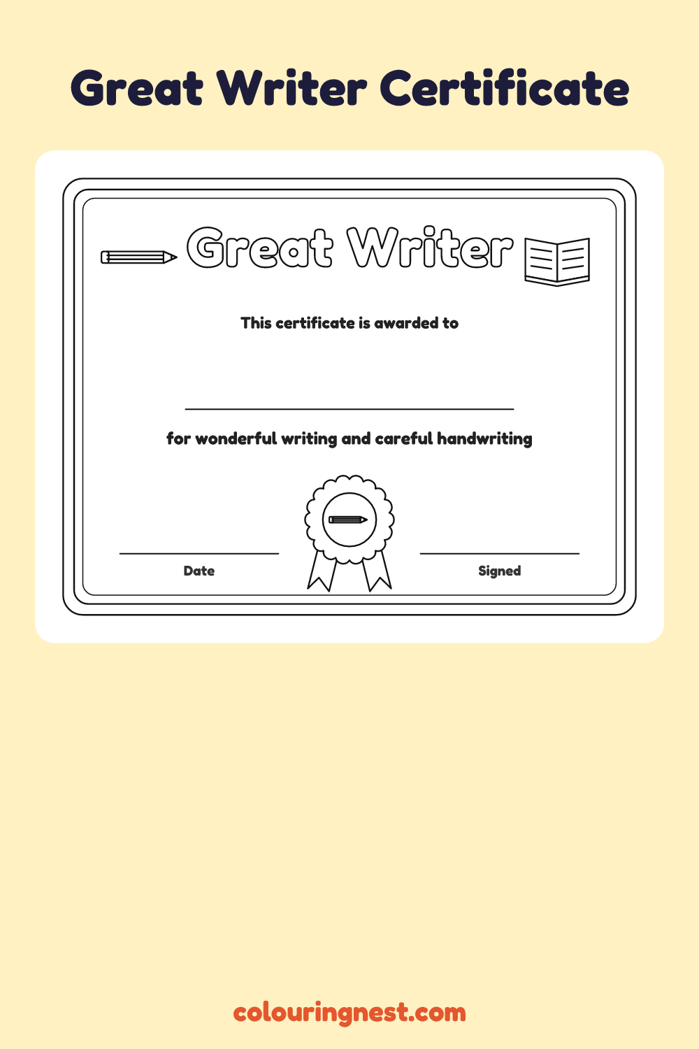 Great Writer Certificate coloring page: free printable black-and-white line art