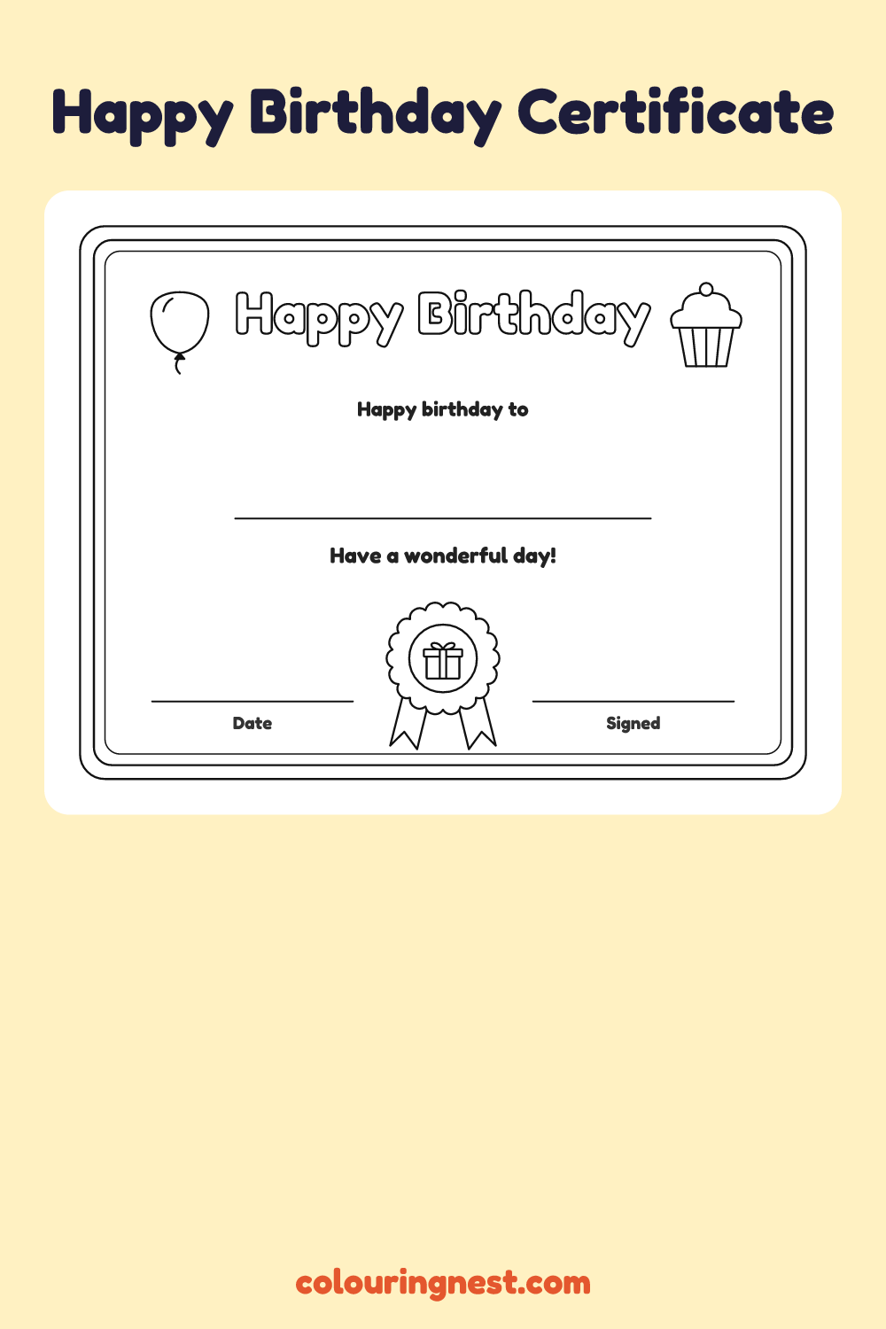 Happy Birthday Certificate coloring page: free printable black-and-white line art