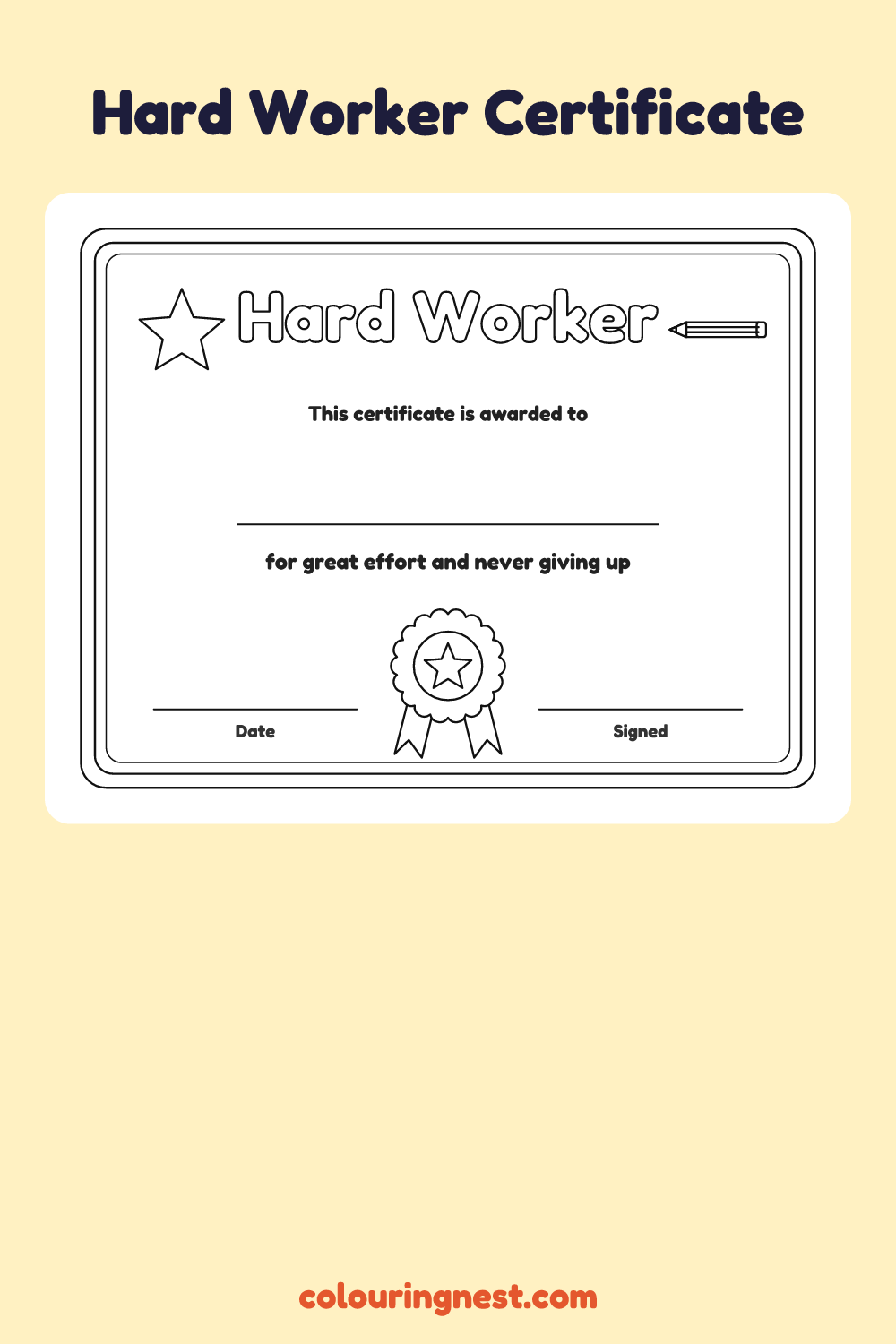 Hard Worker Certificate coloring page: free printable black-and-white line art