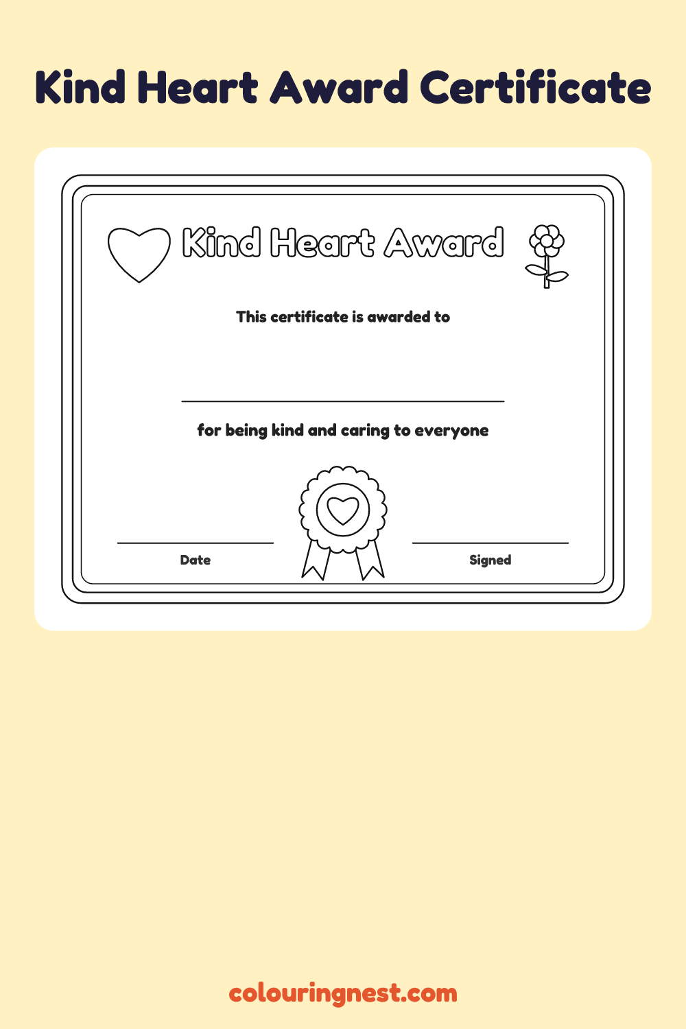 Kind Heart Award Certificate coloring page: free printable black-and-white line art