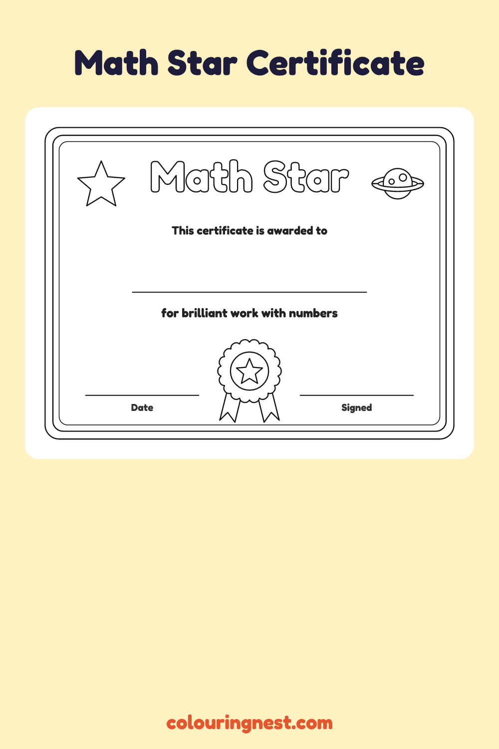 Math Star Certificate coloring page: free printable black-and-white line art