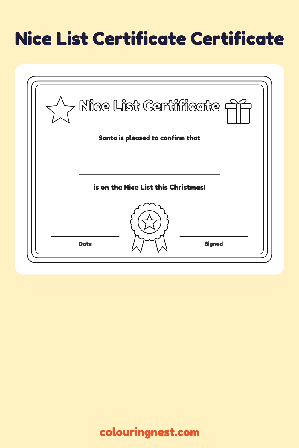 Nice List Certificate Certificate coloring page: free printable black-and-white line art