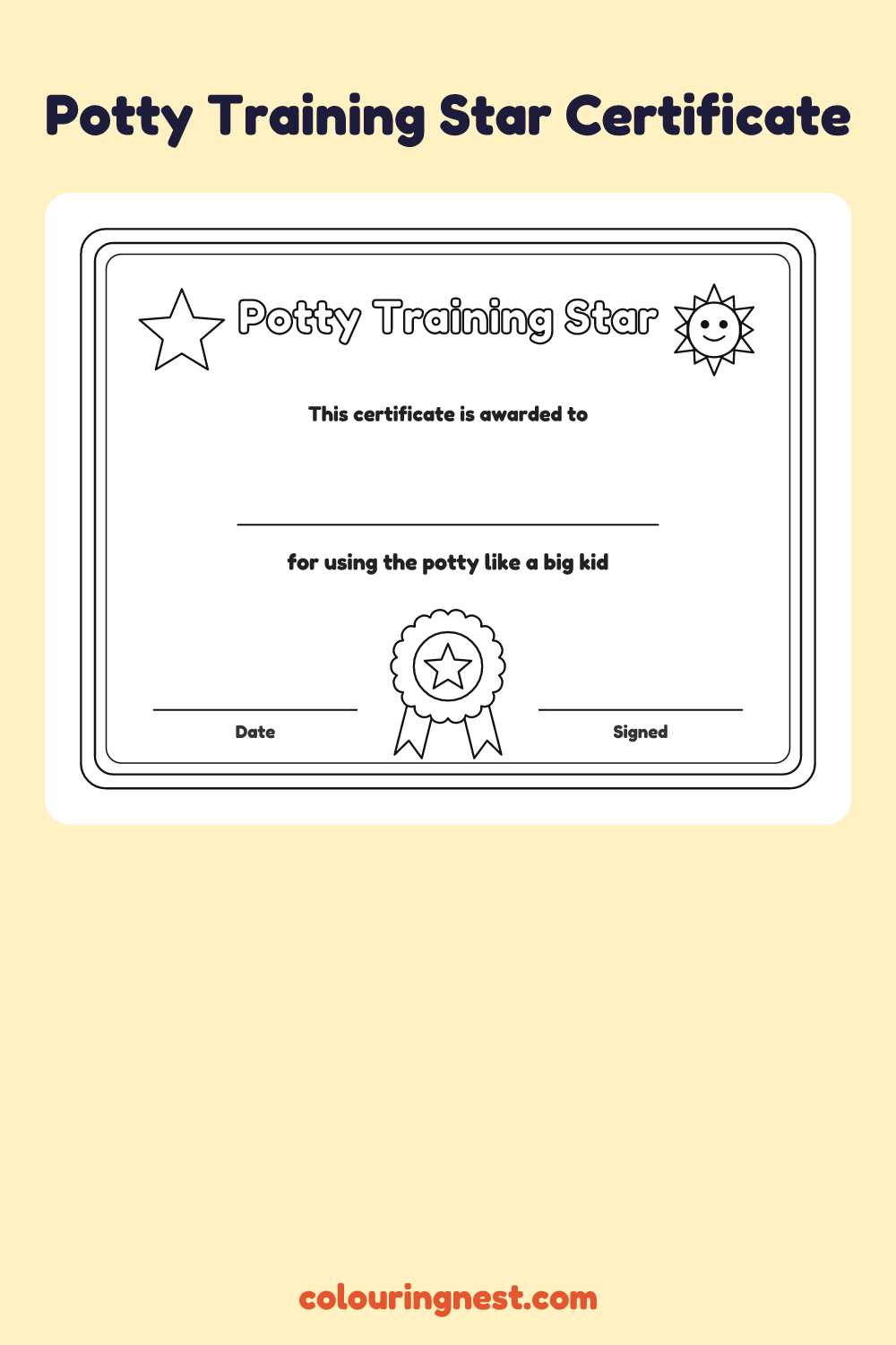 Potty Training Star Certificate coloring page: free printable black-and-white line art