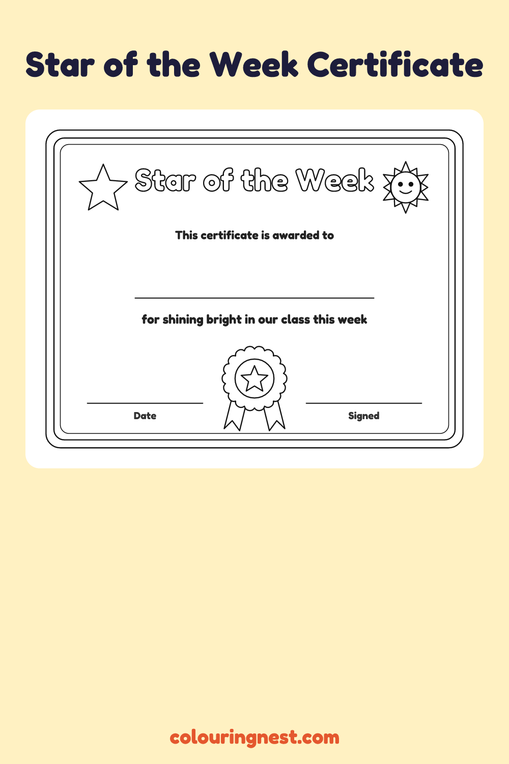 Star of the Week Certificate coloring page: free printable black-and-white line art