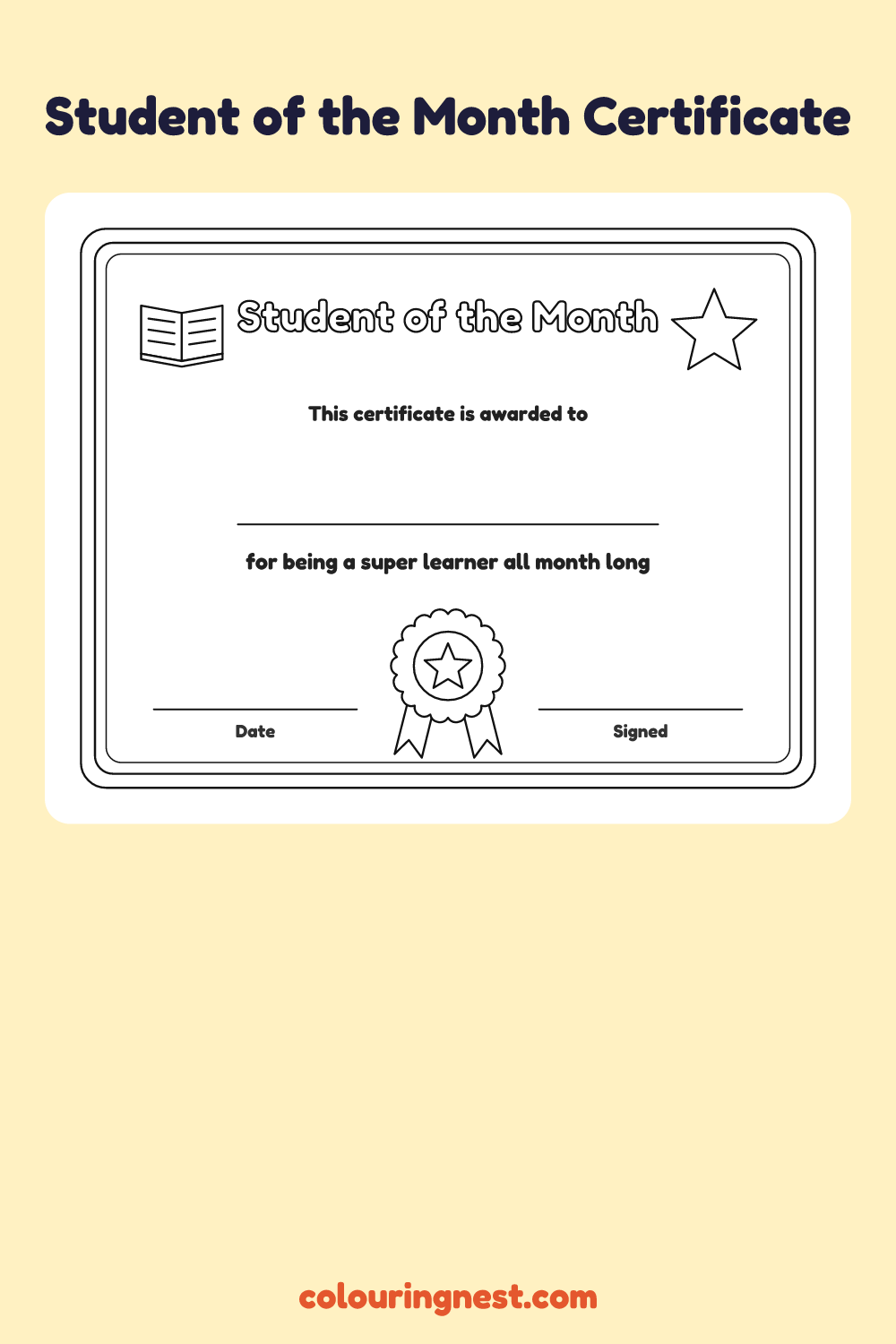 Student of the Month Certificate coloring page: free printable black-and-white line art