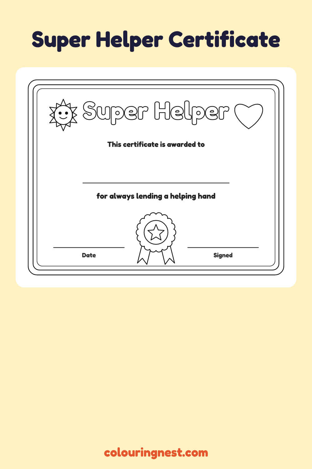 Super Helper Certificate coloring page: free printable black-and-white line art