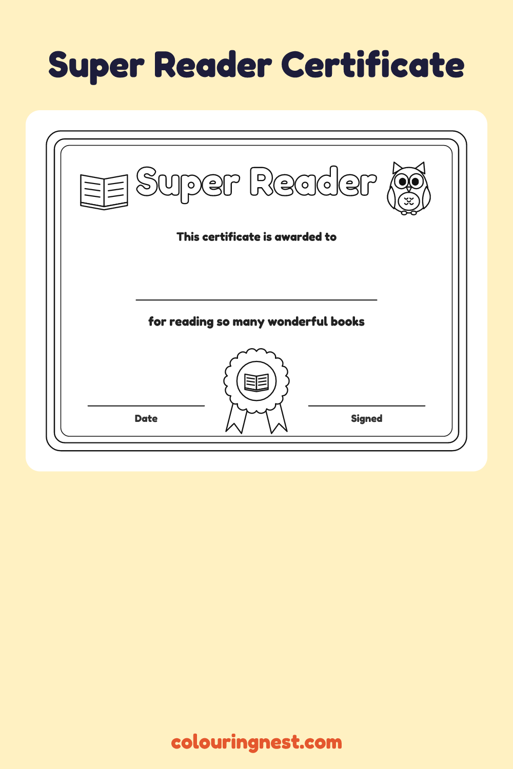 Super Reader Certificate coloring page: free printable black-and-white line art