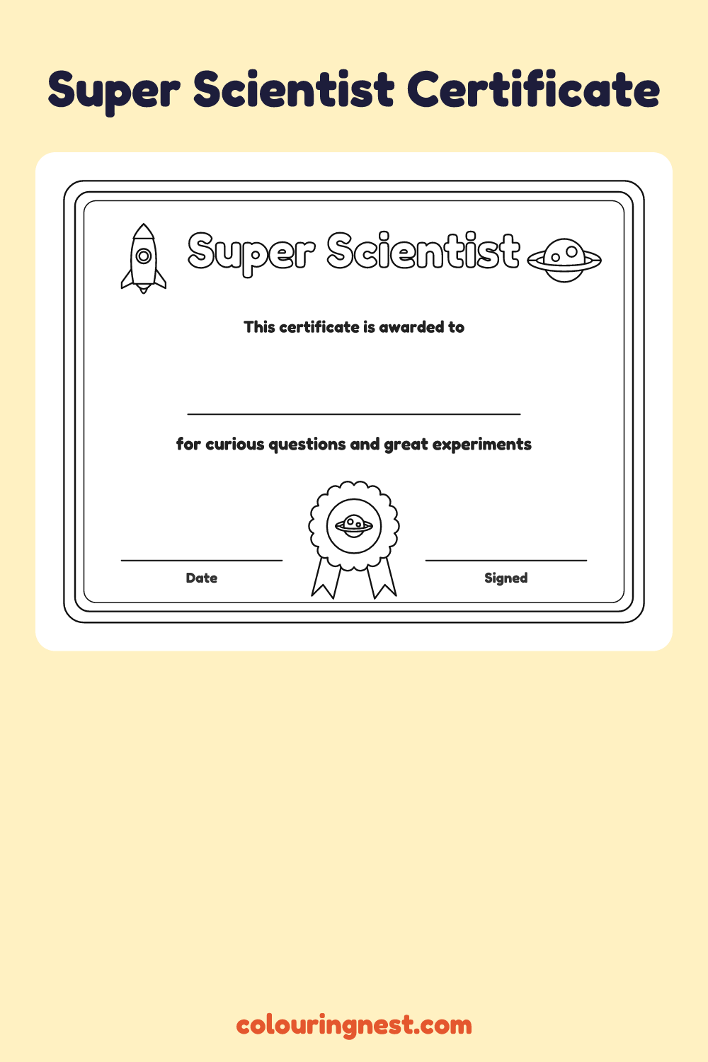 Super Scientist Certificate coloring page: free printable black-and-white line art