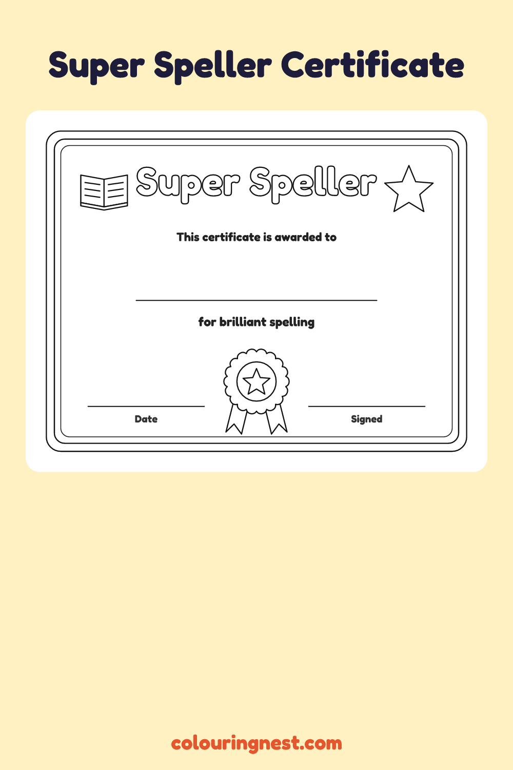 Super Speller Certificate coloring page: free printable black-and-white line art