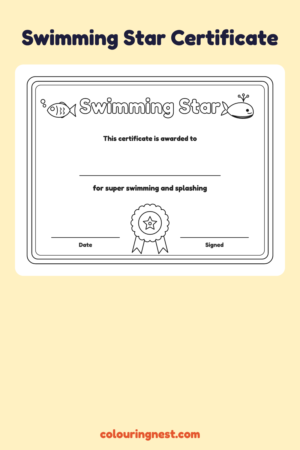 Swimming Star Certificate coloring page: free printable black-and-white line art