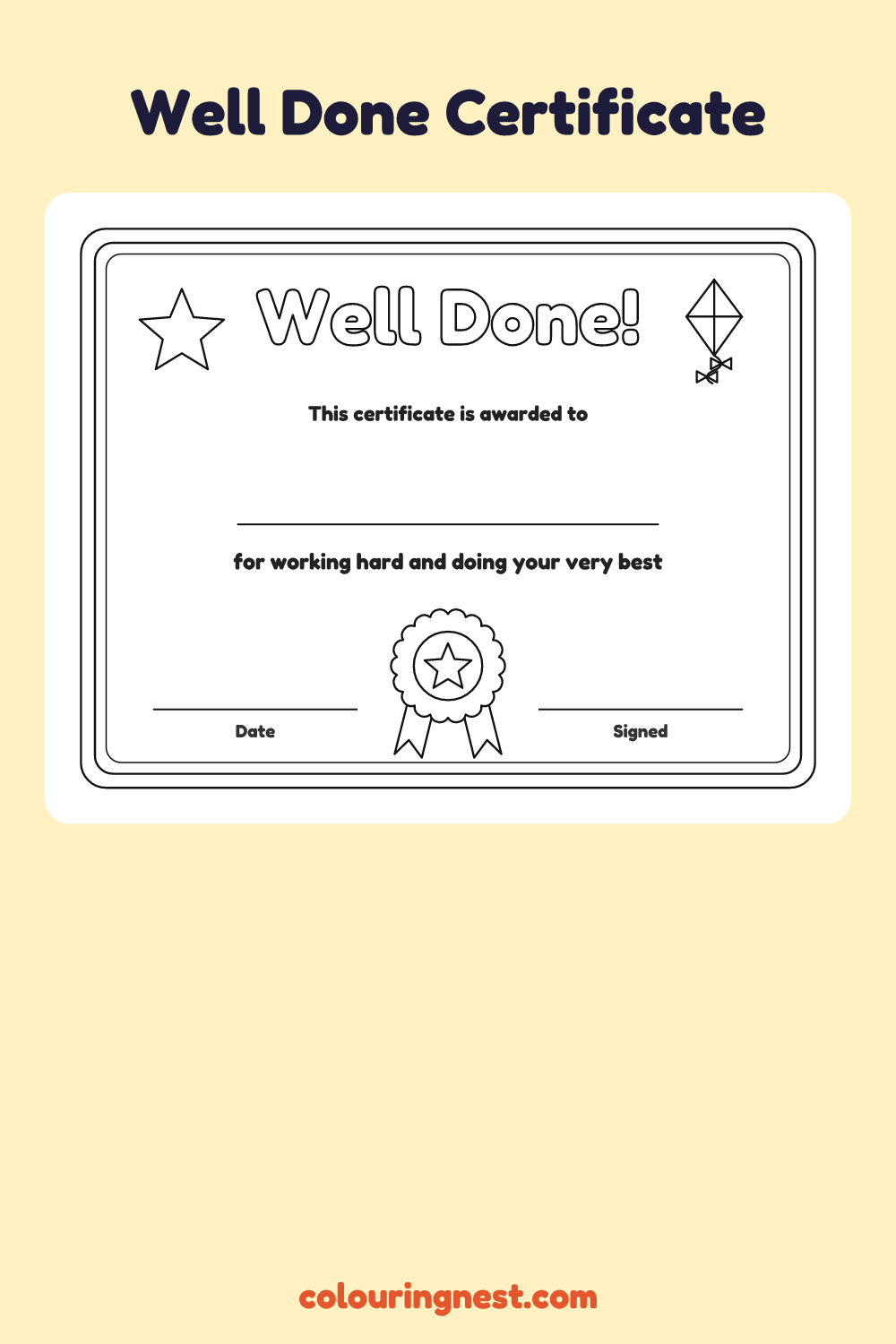 Well Done Certificate coloring page: free printable black-and-white line art