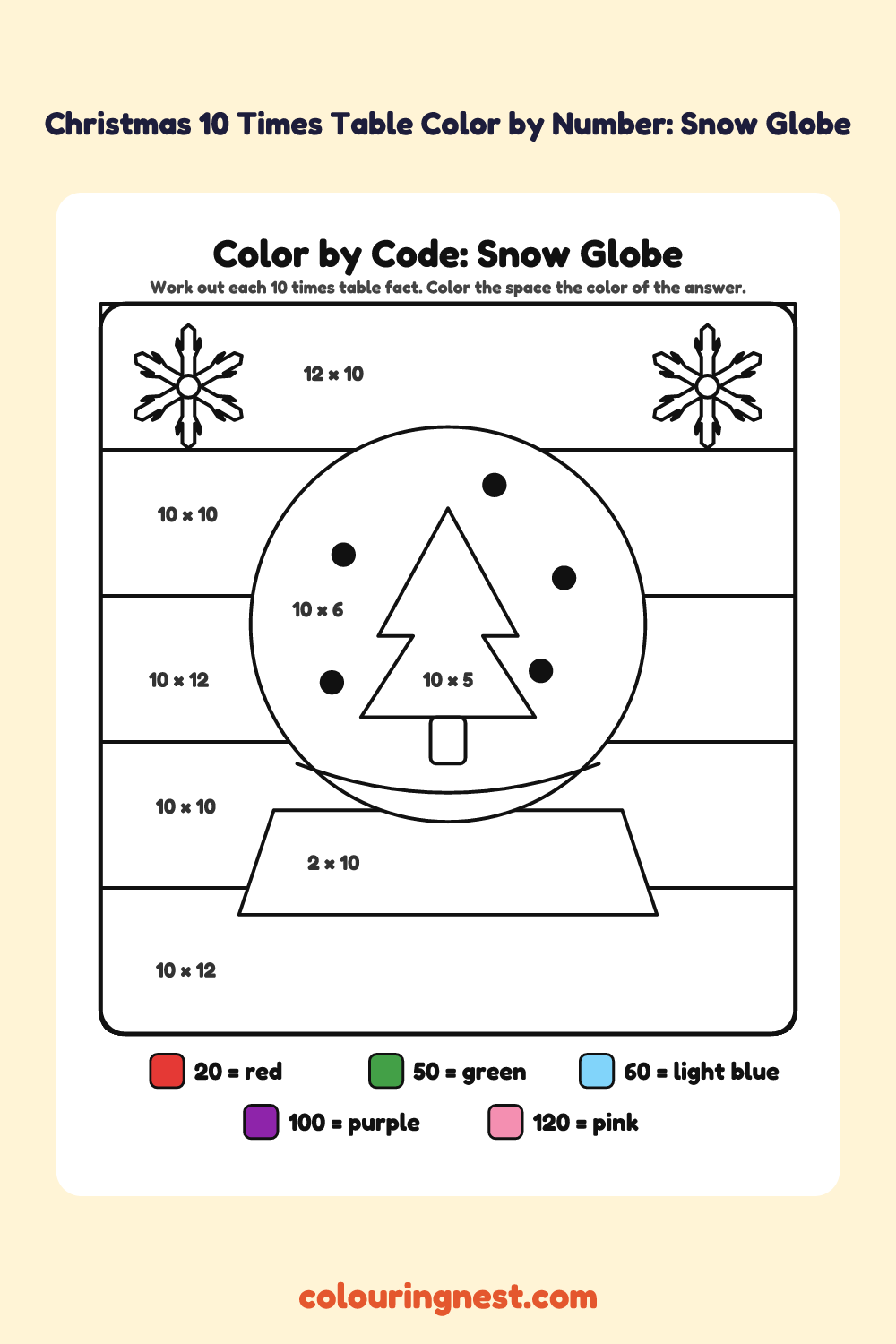 Christmas 10 Times Table Color by Number: Snow Globe: a picture split into spaces, each labelled with a code, and a color key
